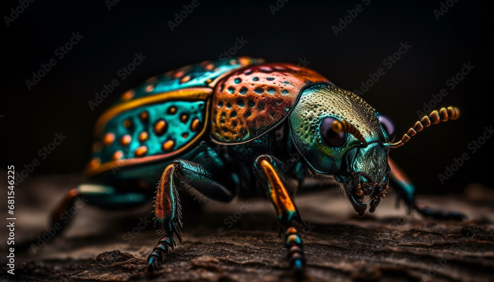 Poster multi colored weevil crawling on green leaf in selective focus generated by ai