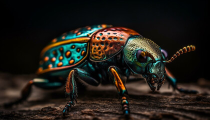 Naklejka premium Multi colored weevil crawling on green leaf in selective focus generated by AI