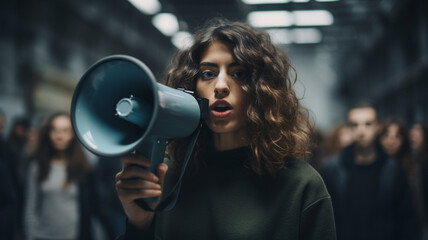 female with a megaphone - obrazy, fototapety, plakaty
