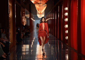Beautiful fashion model on catwalk wearing red dress in showroom during fashion week.Macro.AI Generative.