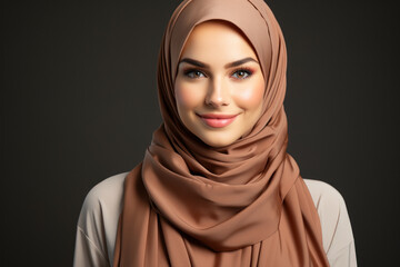 Naklejka premium Portrait of a Muslim woman in a hijab on a dark grey background