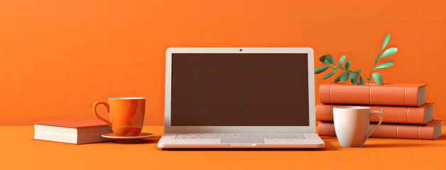  images of desktop with books and cup on table and yellow background, back to school concept