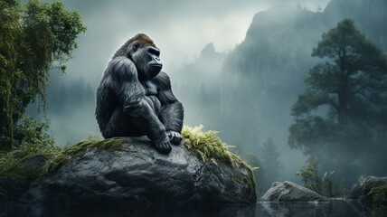 gorilla sitting on top of a rock in the forest - Powered by Adobe