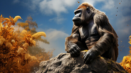 gorilla sitting on top of a rock in the forest