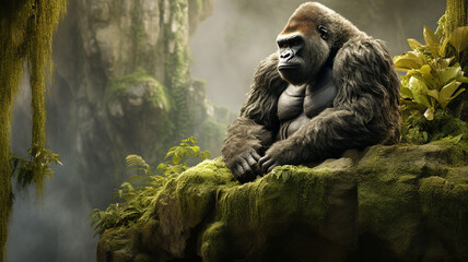 gorilla sitting on top of a rock in the forest