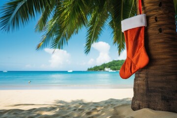 Christmas stocking hanging on coconut palm tree at tropical exotic beach. AI Generated