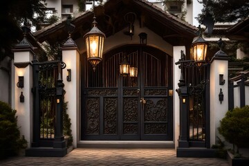 Light lamp on front gate of decoration residential