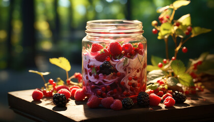 Fresh berry dessert on wooden table, nature sweet celebration generated by AI