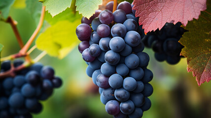 Fototapeta premium close up view of ripe grape leaves on vineyard