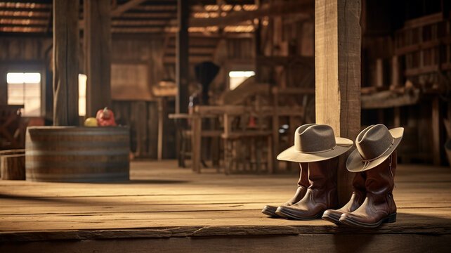 cowboy boots, hat, cowboy boots and cowboy boots on the wooden floor in the barn.