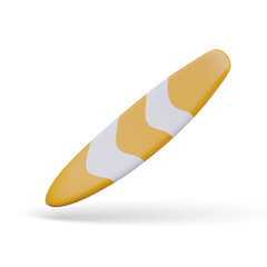 Side view on yellow surfboard in realistic style. Board for active sport on water. Surfing on ocean big wave. Vector illustration in 3d style on white background