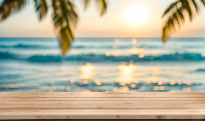 Empty wooden table, blurred summer sea background with copy space for your product
