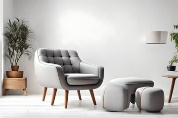 Fashionable modern gray armchair with wooden legs, ottoman against a white wall in the interior. Furniture, interior object