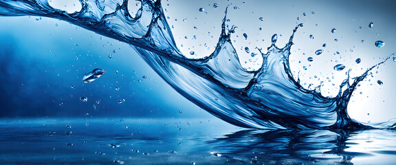 Salpicadura en primer plano de agua sobre fondo azul. Fondo acuático con gran salpicadura dinámica y fresca. Hecho con IA. - obrazy, fototapety, plakaty