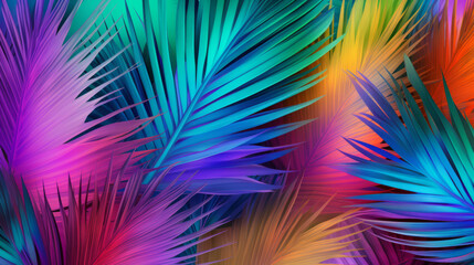 Fototapeta premium Natural, palm leaves and tropical iridescent plants shape background for wallpaper, design and backdrop. Colourful, holographic and futuristic closeup 3d render of foliage for creativity and graphics
