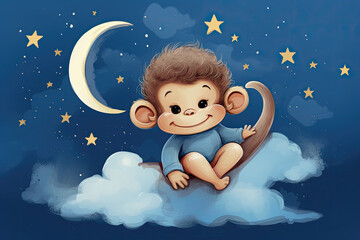 Obraz na płótnie Canvas Smiling monkey baby come in bad, stars and moon, tangerine. Animal in the jungle