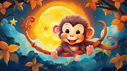 Smiling monkey baby come in bad, stars and moon, tangerine. Animal in the jungle - obrazy, fototapety, plakaty
