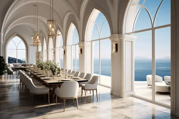 Foto auf Acrylglas Altes Gebäude A contemporary Mediterranean dining area with a high arched ceiling and floor-to-ceiling windows that offer panoramic views of the coastline. The understated pieces, 