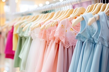 An elegant boutique in a modern setting, offering a stylish collection of children's clothing in pastel colors.