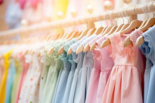 A stylish children's clothing store with a varied collection of fashionable clothes for girls in a modern setting.