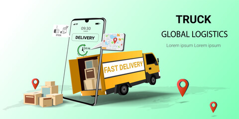 Logistics and delivery online service on mobile. Truck delivery, Global logistic, Online order. Truck, warehouse and parcel box. Concept  for website or banner. 3D Perspective Vector illustration
