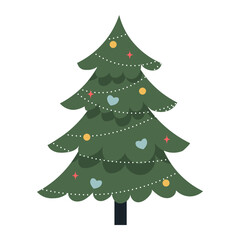 Vector Christmas tree isolated on transparent background in simple style. Beautiful Christmas tree with garland decorations, flat vector illustration.