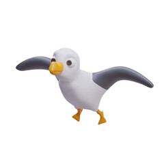 Seagulls bird flying on white background. Flight of bird. Cute realistic toy for kids. White bird with black wings. Vector illustration in 3d style with yellow beak and paws