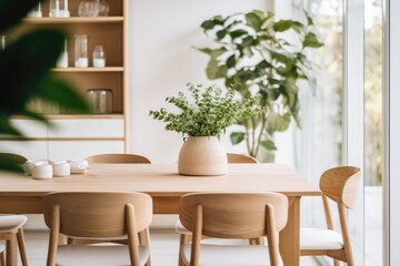 Fototapeta premium Modern and stylish room with white walls, wooden furniture, green plants and contemporary decor.