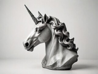 unicorn head antique statue on gray and white background