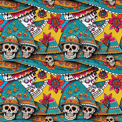 Bright colorful seamless pattern in the style of Mexican folk. Sugar skulls and flowers.