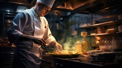Chef preparing food in the kitchen of a restaurant or hotel