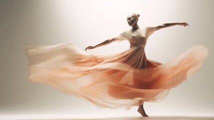 Fototapeta premium A dancer in a striking peach-toned dress showcases meticulous body control, embodying self-discipline within a whirl of motion