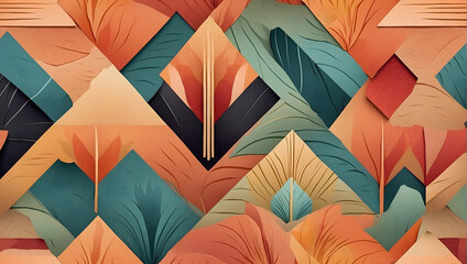 An abstract representation of Art Deco-inspired patterns in sophisticated color gradients, enhanced with rough grain noise for an elegant and textured effect.