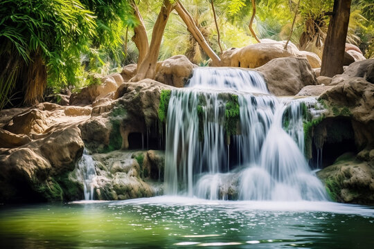 mesmerizing quality of waterfall in oasis, embodying rejuvenating power of falling water, oasis's vital role as water source, and enchanting surroundings that enhance waterfall's allure --v 5.1 © Ruby