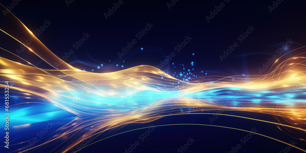 Poster abstract background with gold and blue glowing neon moving high speed line and wave and bokeh lights