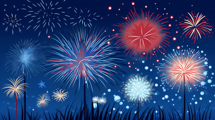 Fototapeta na wymiar Fireworks illustration on blue background. Generative ai.