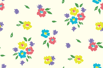 Seamless floral pattern, colorful ditsy print with small bright flowers on white. Simple summer botanical design, textile pattern: hand drawn tiny flowers, leaves in liberty style. Vector illustration
