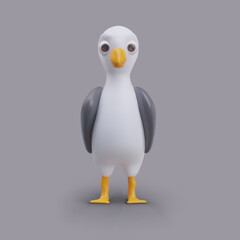 Front view of seagull with black wings, yellow beak, and paws. Beautiful bird with shadow concept. Toy for child. Vector illustration in 3D style on gray background