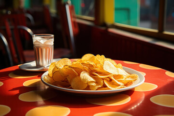 Delicious fast food Potato Chips on dining table with dish, drink, and plate.