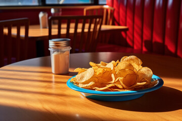 Delicious fast food Potato Chips on dining table with dish, drink, and plate.