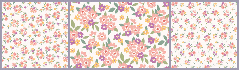 Seamless floral pattern, liberty ditsy print with cute simple flowers in the collection. Pretty botanical design: small hand drawn plants, tiny pink flowers, leaves on white field. Vector illustration © Yulya i Kot