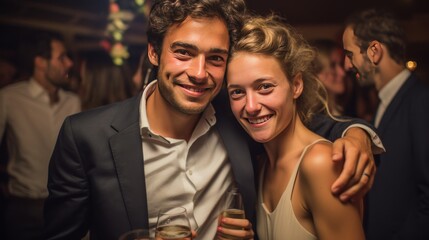Portrait of happy couple holding glasses of wine at party in nightclub - obrazy, fototapety, plakaty