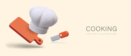 Concept of food preparation. White chef hat, knife, cutting board. Advertisement of cooking school, course, master class in cartoon style. Vector mockup of announcement, invitation