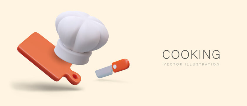 Concept of food preparation. White chef hat, knife, cutting board. Advertisement of cooking school, course, master class in cartoon style. Vector mockup of announcement, invitation