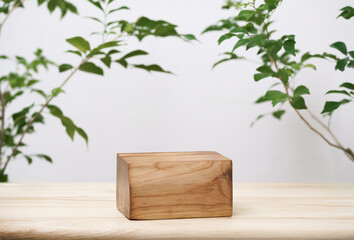 Minimal wood podium table top blurred green leaf plant on white space nature background.Beauty cosmetic natural product display.