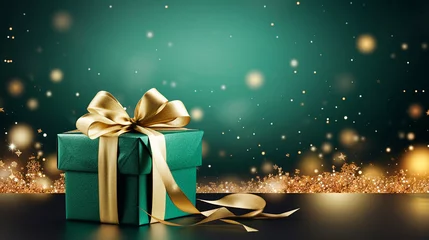Poster Christmas and Happy New Year. Realistic emerald gift box with gold ribbons on a festive emerald green background with gold sparkles and sparkles and copy space. Greeting card. Christmas background © Tetiana