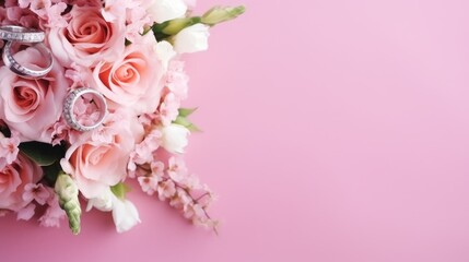 Rings and bouquet of flowers on pink background