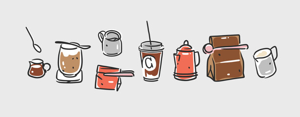 Set of coffee elements, kettle, mug and cups . Trending vector doodle illustrations for coffee shop and restaurant menu. Hand drawn coffee shop design concept and coffee break icons. Menu line art. - 681555671