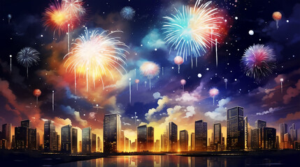 Multicolor fireworks on sky,high building. Generative ai.