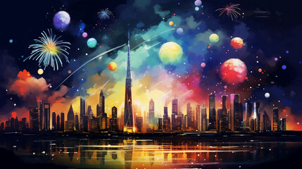 Fototapeta na wymiar Multicolor fireworks on sky,high building. Generative ai.
